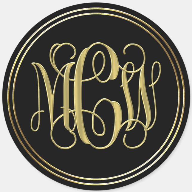 Sticker Rond Or Noir Prépa Vigne Script Monogramme DIY BG (Créateur téléchargé)