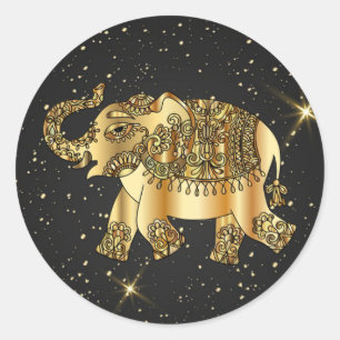 Sticker Rond Or, Ornemental, Eléphant, Abstrait, Nuit étoilée