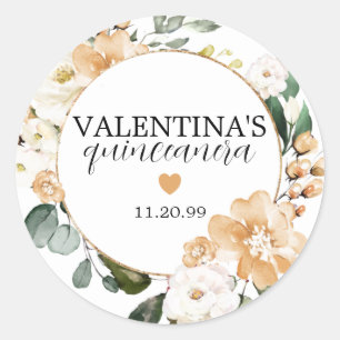 Sticker Rond Or Rose Floral Quinceanera Favoriser
