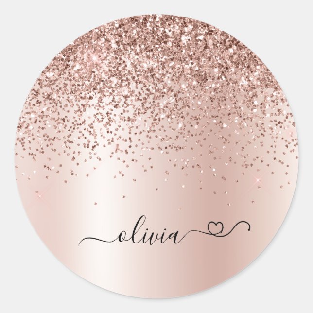 Sticker Rond Or Rose Gold - Monogramme Nom Paillettes Rose Blus (Devant)