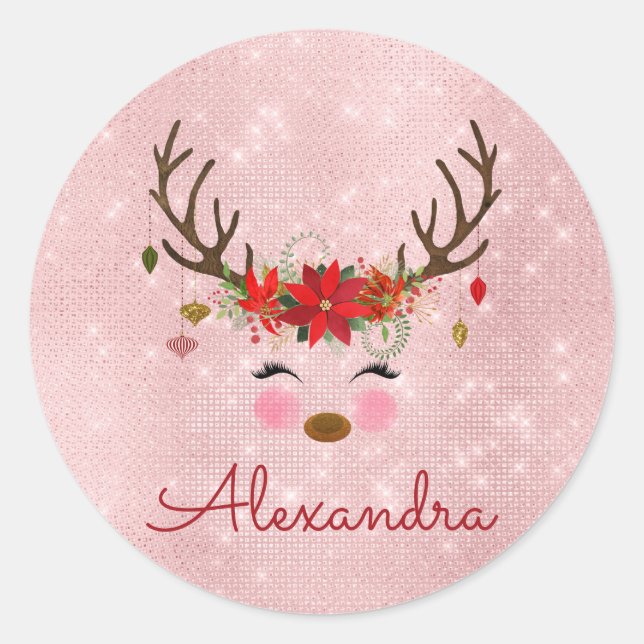 Sticker Rond Or rose - Vierge rose de Noël Reindeer Monogram (Devant)