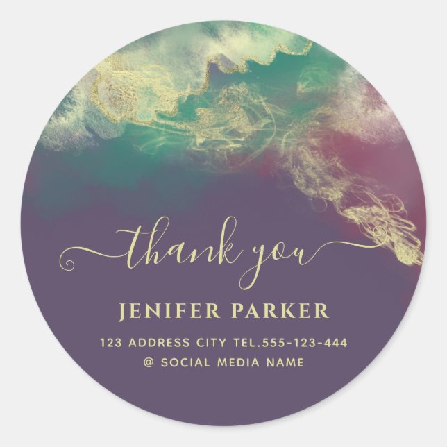 Sticker Rond Or vert émeraude aquarelle écriture remerciements  (Devant)