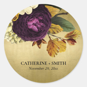 STICKER ROND OR VINTAGE RETRO BURGUNDY TOMBER MARIAGE FLORAL