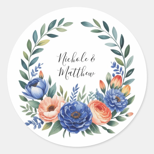 Sticker Rond Orange and Cobalt Blue Floral Wedding (Devant)