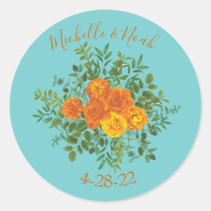Sticker Rond Orange & Aqua Mariage Floral moderne