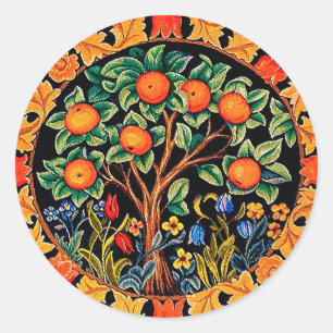 STICKER ROND ORANGE ARBRE AUX FEUILLES VERTS, FLEURS