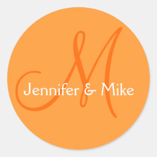 Sticker Rond Orange Blanc Noms Monogramme Mariage Favoriser Sti
