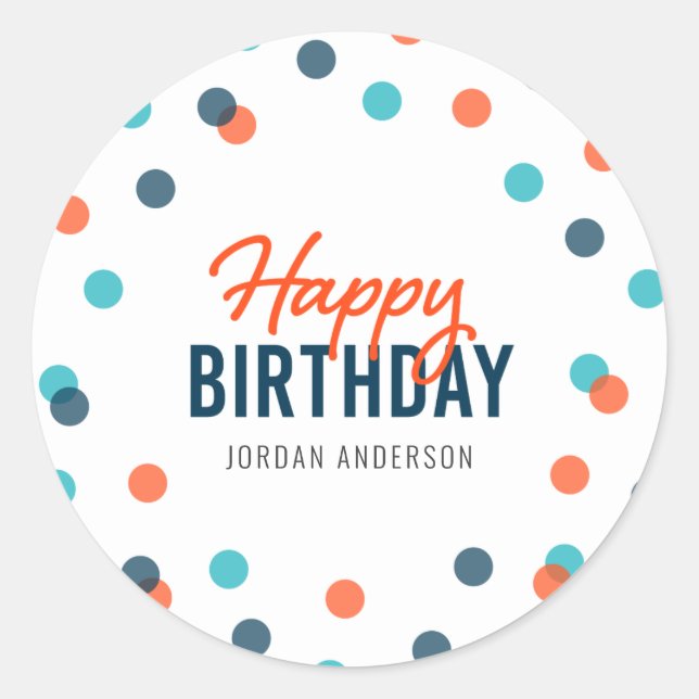 Sticker Rond Orange bleu foncé Confetti Joyeux anniversaire (Devant)