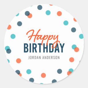 Sticker Rond Orange bleu foncé Confetti Joyeux anniversaire