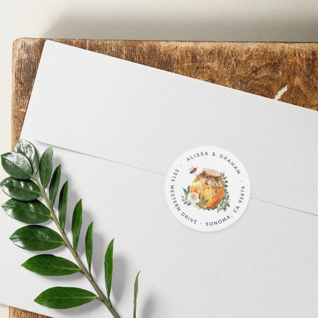 Sticker Rond Orange Blossom Honey Bee Couples Retour Adresse (Créateur téléchargé)