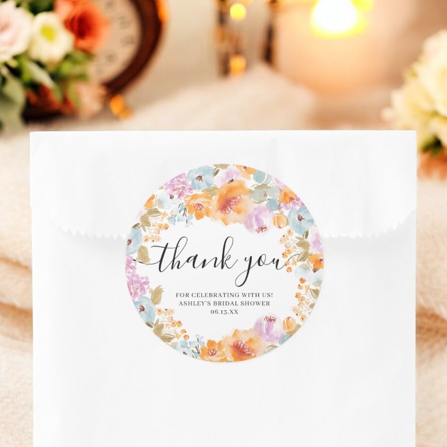 Sticker Rond Orange Bohème Floral Aquarelle Remerciements Maria (Orange Boho Floral Watercolor Thank You Bridal Classic Round Sticker)
