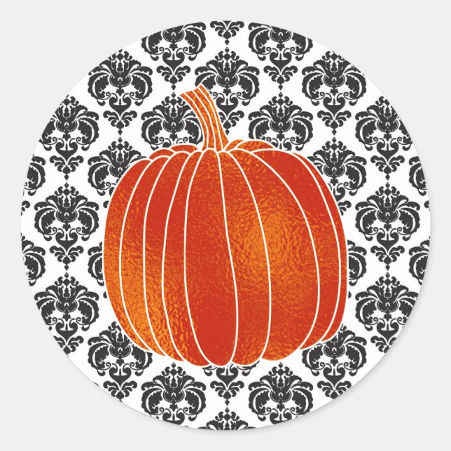 Sticker Rond Orange brillant Citrouille d'automne Blanc Noir Da (Devant)