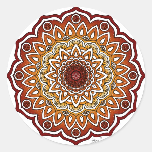 Sticker Rond Orange & Brown Spiral et Floral Mandala (Devant)