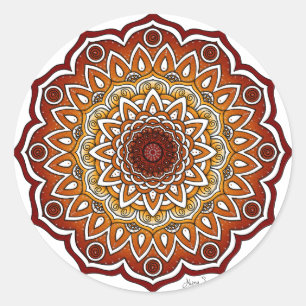 Sticker Rond Orange & Brown Spiral et Floral Mandala