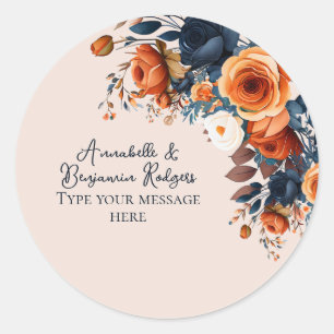 Sticker Rond Orange brûlé rustique et Mariage floral bleu