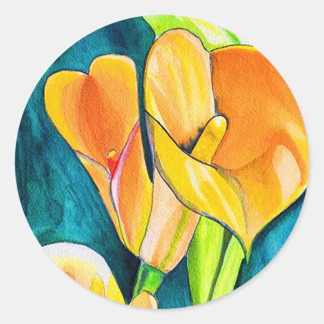 Sticker Rond Orange Calla fleurs de laine aquarelle art (Devant)