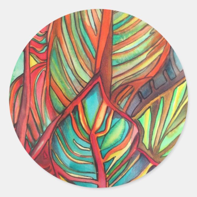 Sticker Rond Orange Canna feuille aquarelle art original (Devant)