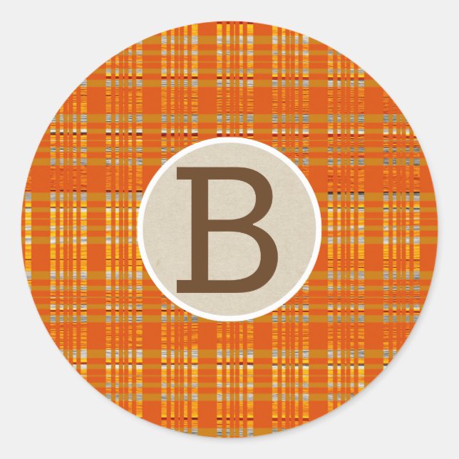 Sticker Rond Orange Carreaux & Marron Kraft Monogramme Initial  (Devant)
