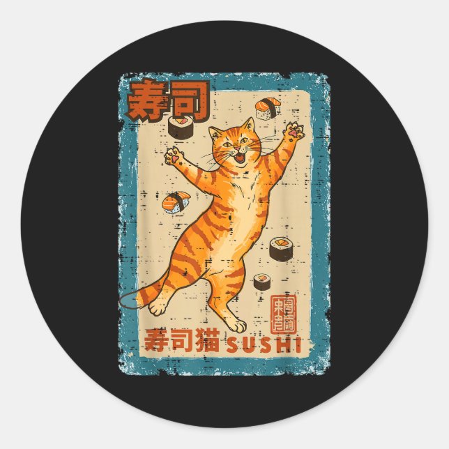 Sticker Rond Orange Cat Jumng With Sushi Japanese Food Men Wome (Devant)