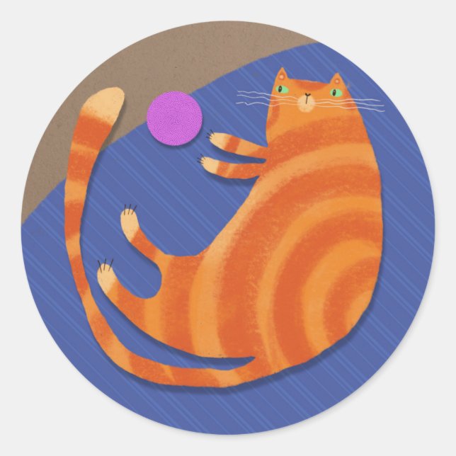 Sticker Rond Orange chat tabby avec jouet (Devant)