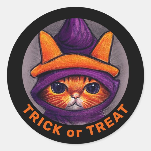 Sticker Rond Orange Chat Violet Sorcière Casquette Treat Hallow (Devant)