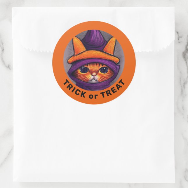 Sticker Rond Orange Chat Violet Sorcière Casquette Treat Hallow (Sac)