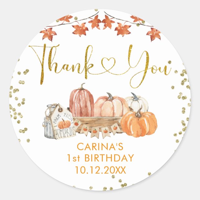 Sticker Rond Orange Citrouille Patch Automne Anniversaire Merci (Devant)