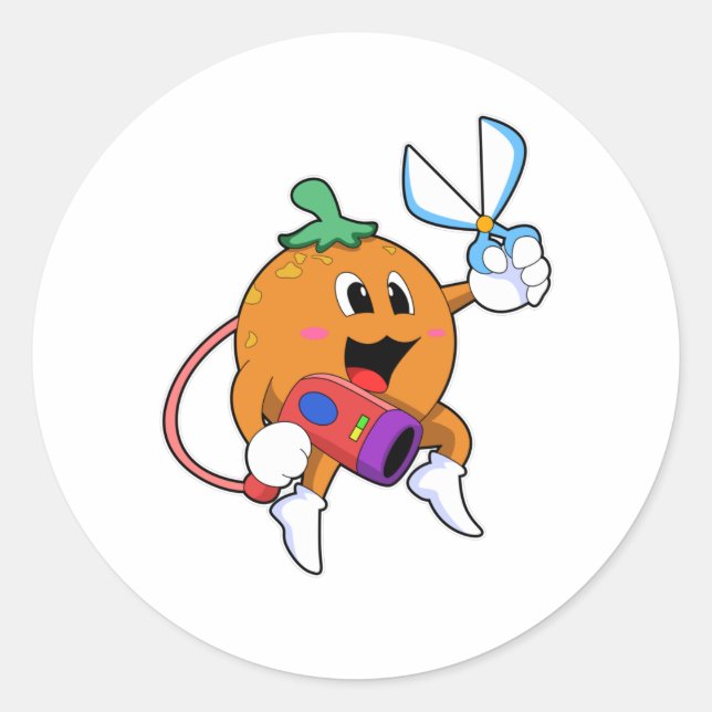 Sticker Rond Orange comme Coiffeur avec ciseaux et sèche-cheveu (Devant)