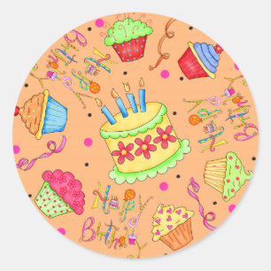 Sticker Rond Orange Cupcakes and Cake Joyeux anniversaire
