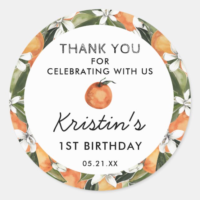 Sticker Rond Orange Cutie 1er Anniversaire Merci Favoriser (Devant)