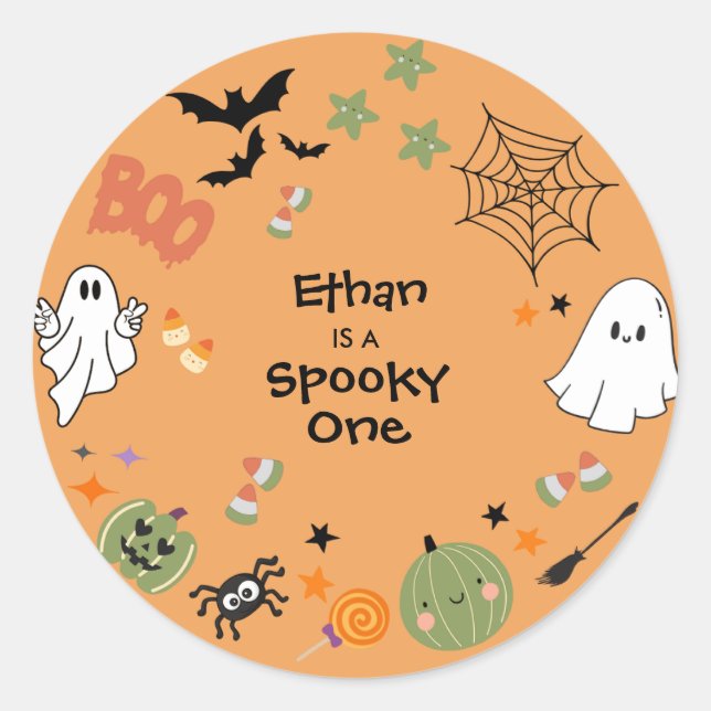Sticker Rond Orange Éffrayant One mignonne Halloween 1er Annive (Devant)