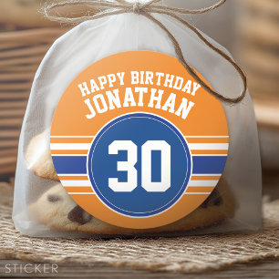 Sticker Rond Orange et Bleu Anniversaire Sports Thème