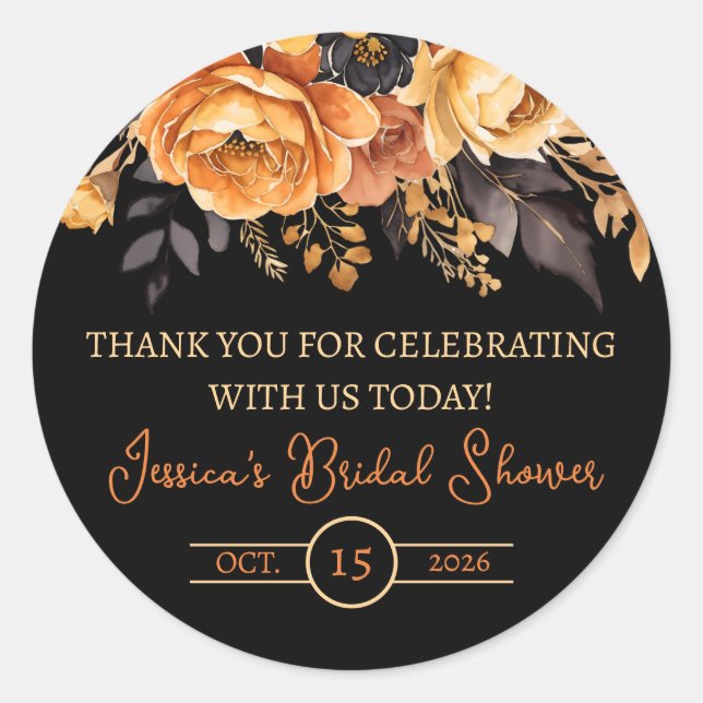 Sticker Rond Orange et Noir, Halloween, Fête de Mariage Florale (Devant)