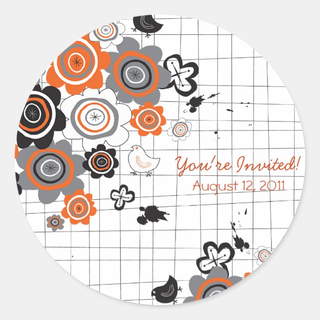 Sticker Rond Orange Fleurs Chicks Grunge Ink Blots Doodles Kid (Devant)