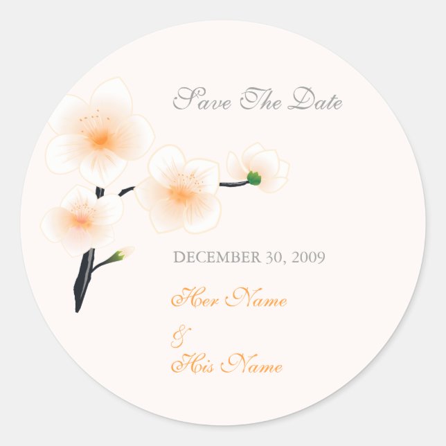 Sticker Rond Orange Fleurs Enregistrer La Date (Devant)