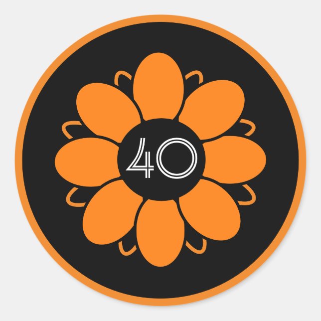 Sticker Rond Orange Flower Design Motif Anniversaire 40 Noir (Devant)