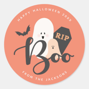 Sticker Rond Orange Grey Cute Ghost Boo Halloween