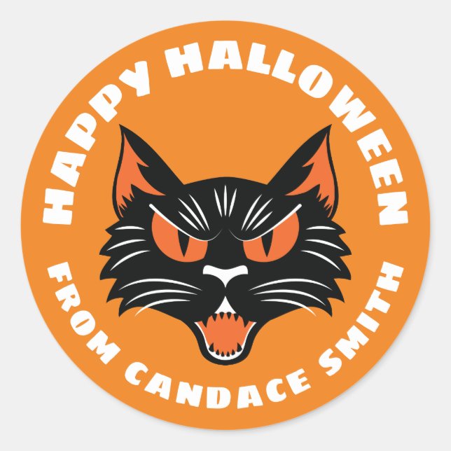Sticker Rond Orange Happy Halloween Chat noir Personnalisé (Devant)