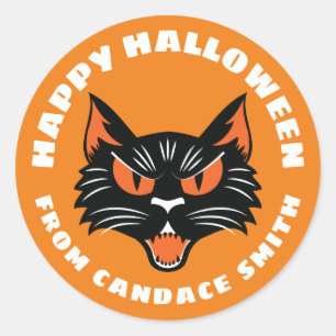 Sticker Rond Orange Happy Halloween Chat noir Personnalisé