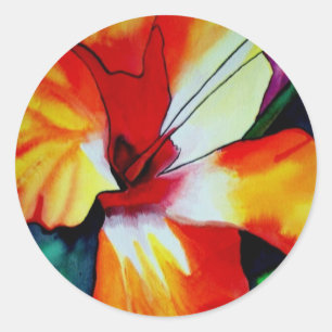 Sticker Rond Orange Hibiscus fleurs tropicales aquarelle art