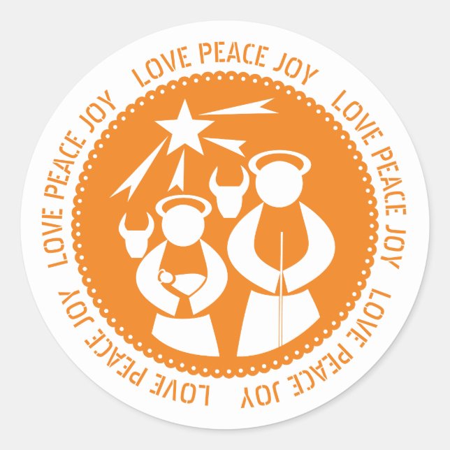 Sticker Rond Orange Nativité Scène Amour, Paix, Joie Noël (Devant)