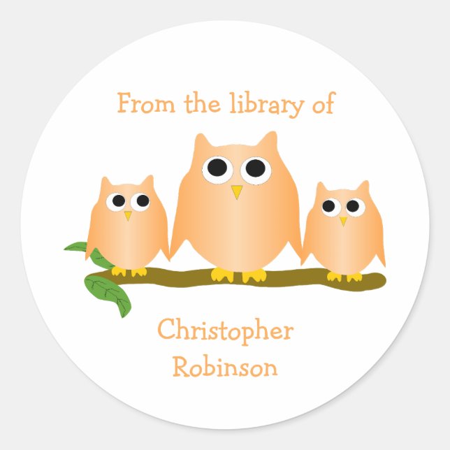 Sticker Rond Orange Owls Design Bookplate (Devant)
