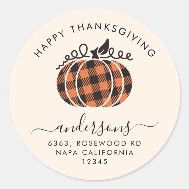 Sticker Rond Orange Plaid Citrouille Thanksgiving Adresse de re (Devant)