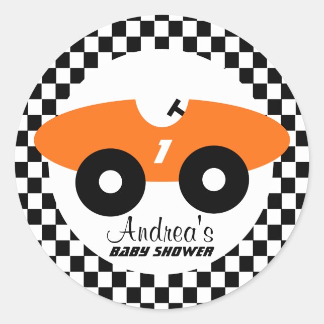 Sticker Rond Orange Race Car Baby shower (Devant)