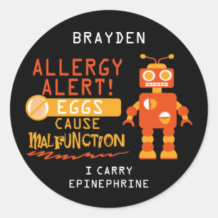 Sticker Rond Orange Robot Egg Alerte d'allergie personnalisée