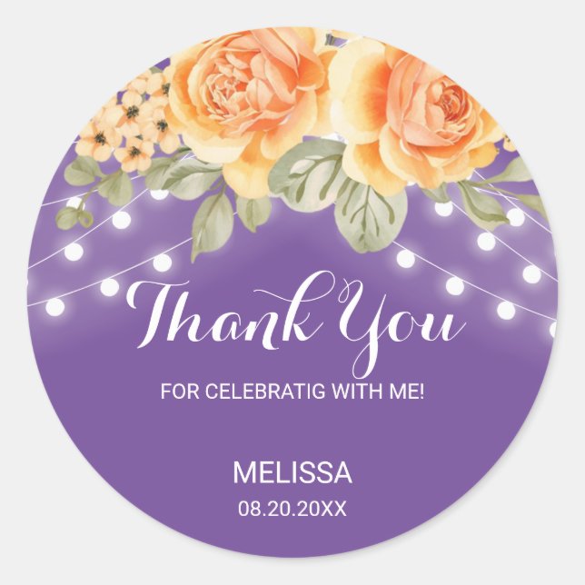 Sticker Rond Orange Rose Chaîne Lumières Violet Anniversaire Me (Devant)