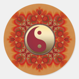 Sticker Rond Orange Rouge or décoratif or Yin Yang