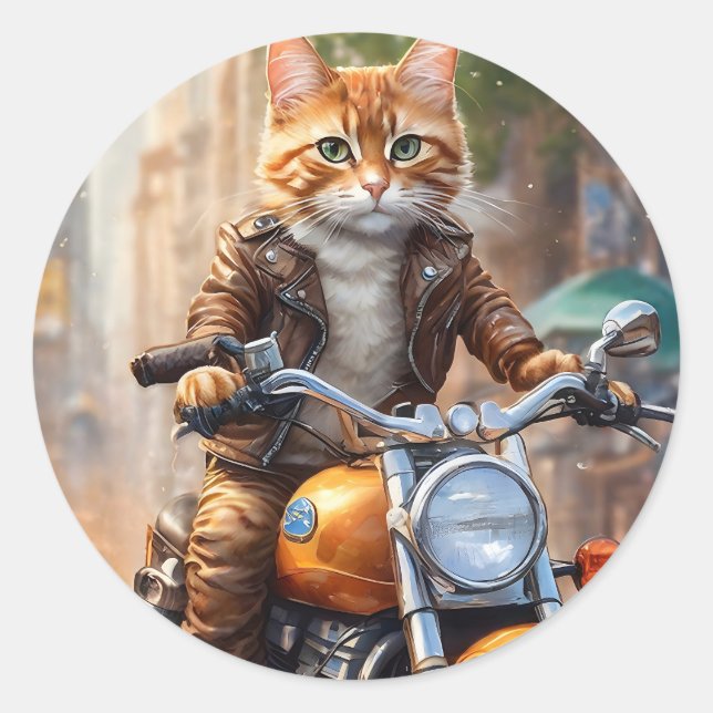 Sticker Rond Orange Tabby Cat Out pour une balade en moto (Devant)