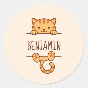Sticker Rond Orange Tabby Cat Pékin derrière Nom Personnalisé