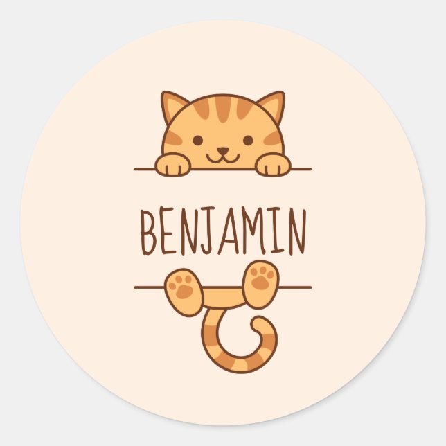 Sticker Rond Orange Tabby Cat Pékin derrière Nom Personnalisé (Devant)